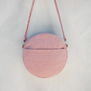 Petit sac à bandoulière rose poudre ronde, sac à bandoulière rond, sac à main classique, sac en tissu, sac à main avec une longue courroie, sac à main pour femmes image 3