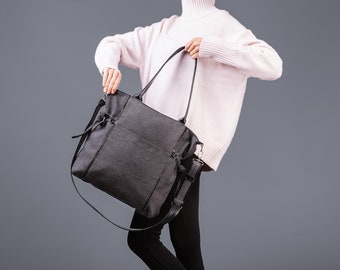 Bolsa grande de tecido grafite e couro sintético preto com alça longa removível, bolsa de ombro escolar, bolsa feminina, bolsa urbana