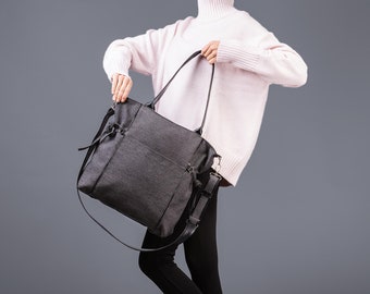 Grand sac cabas de graphite tissé tissu et simili cuir noir avec une longue sangle amovible, l’école sac à bandoulière, sac à main femme, sac de ville