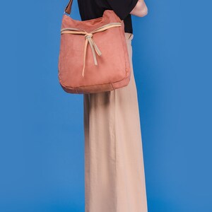 Large bag sack of rusty eco suede and beige faux leather, shoulder bag with long adjustable strap, women's shoulder bag, oversize handbag image 2