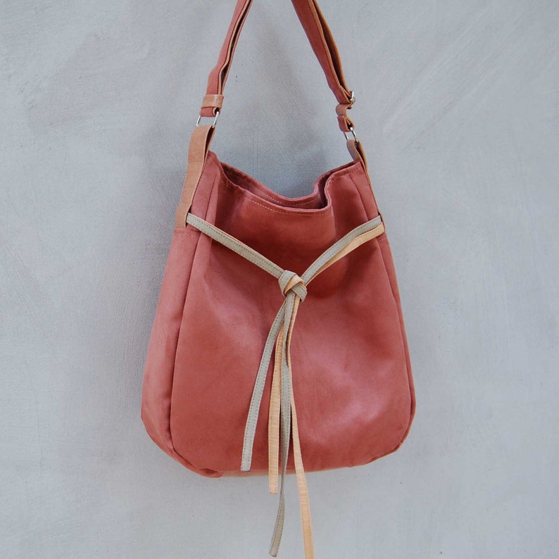 Large bag sack of rusty eco suede and beige faux leather, shoulder bag with long adjustable strap, women's shoulder bag, oversize handbag image 4