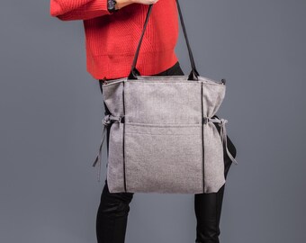 Large shoulder bag of grey fabric and black faux leather, bag with a long detachable strap,school bag, women's handbag, city bag