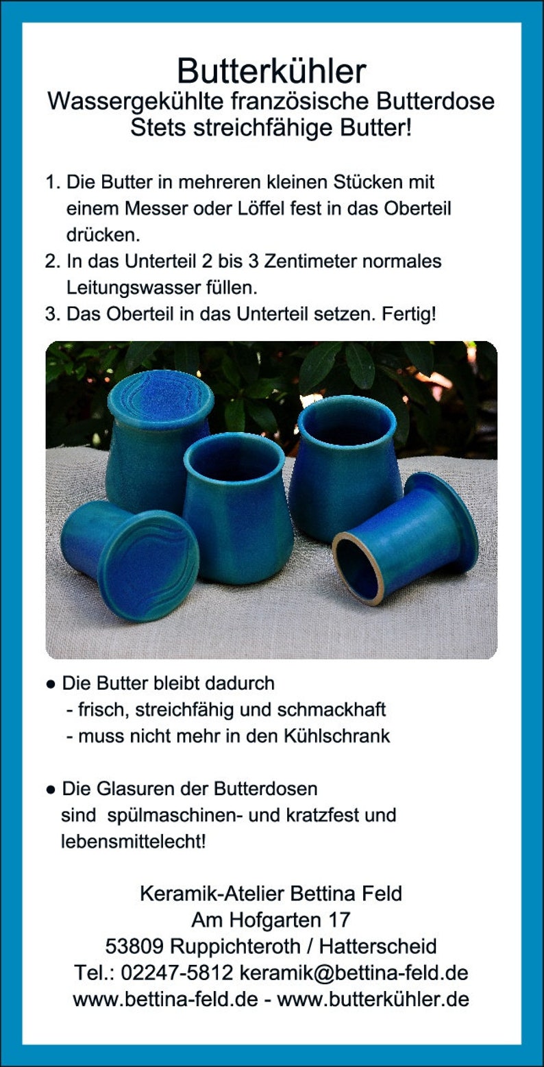 Butterdose, Butterkühler, wassergekühlt, französisch, aus Keramik, grünblau, für 125 gr Bild 5