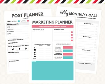 Blogging Planner, Blog Post Plan, Blog Content Writing Goals, Social Media Marketing Plan, Business Development Tools