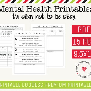 Op de afbeelding: Printables voor geestelijke gezondheid met de tekst "It's okay not to be okay." Bevat een 4-7-8 ademhalingsgids, een angstdagboek en een 5-4-3-2-1 techniek. De PDF is 21,59 cm x 27,94 cm en bevat 15 pagina's. Ontworpen door Printable Goddess.