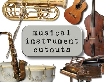 Op de afbeelding: Een verzameling muziekinstrumenten, waaronder een tuba, een saxofoon, een gitaar, een contrabas, een piano en een pauk. De instrumenten zijn in collage-vorm gerangschikt met de tekst "musical instrument cutouts" in het midden.