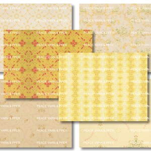 May include: A collage of eight different vintage wallpaper patterns. The patterns are all in shades of yellow, cream, and red. The patterns include floral, geometric, and abstract designs. The text "PEACE YARN & PPER" is repeated throughout the image.