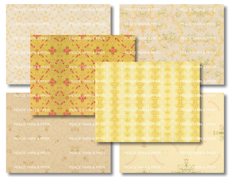 May include: A collage of eight different vintage wallpaper patterns. The patterns are all in shades of yellow, cream, and red. The patterns include floral, geometric, and abstract designs. The text "PEACE YARN & PPER" is repeated throughout the image.