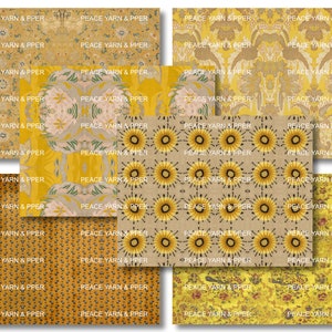 May include: A digital paper pack with 10 different patterns featuring sunflowers, bees, and floral designs in shades of yellow, brown, and white. The text "PEACE YARN & PPER" is repeated throughout the patterns.