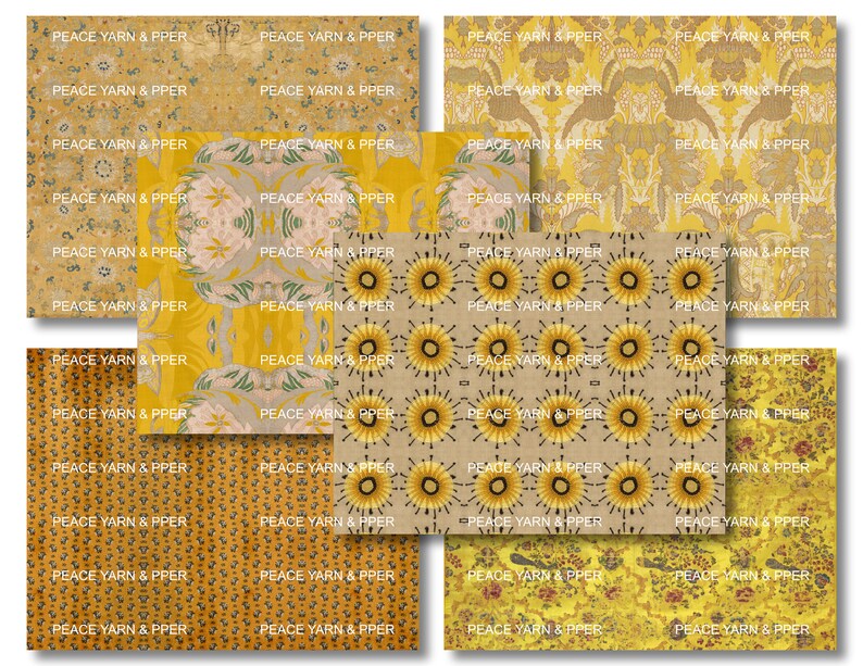 May include: A digital paper pack with 10 different patterns featuring sunflowers, bees, and floral designs in shades of yellow, brown, and white. The text "PEACE YARN & PPER" is repeated throughout the patterns.