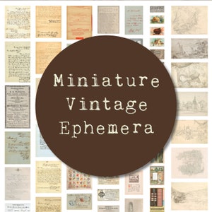 Miniatyr vintage-ephemera, dockskåpspapper, diorama-ephemera, miniatyrkartor, miniatyrtidning, små bokstäver