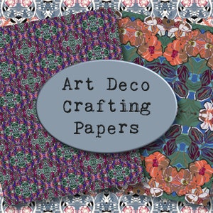 Pode incluir: Três papéis estampados com um design Art Deco. Os papéis apresentam padrões geométricos em tons de azul, verde, vermelho e branco.