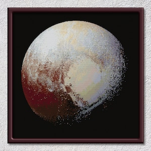 May include: A close-up of Pluto, a dwarf planet in our solar system. The surface is a mix of light and dark brown, with hints of white and gray. The planet is round and appears to be in space.