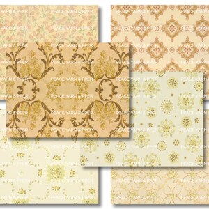 May include: A digital collage of eight vintage wallpaper patterns. The patterns feature a variety of floral and geometric designs in shades of beige, brown, and green. The text "PEACE YARN & PPER" is repeated throughout the collage.