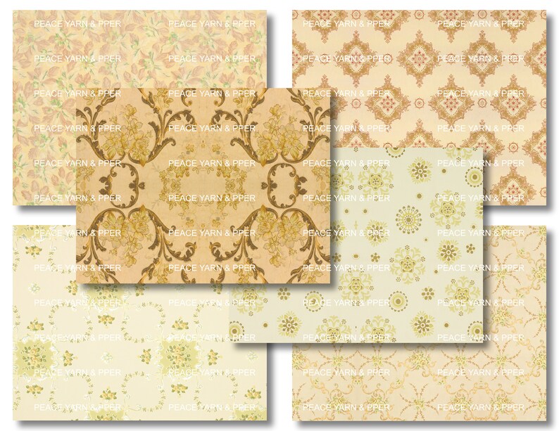 May include: A digital collage of eight vintage wallpaper patterns. The patterns feature a variety of floral and geometric designs in shades of beige, brown, and green. The text "PEACE YARN & PPER" is repeated throughout the collage.