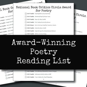 May include: A black and white image of a list of award-winning poetry books. The list includes the title, author, and year of publication for each book. The text "Award-Winning Poetry Reading List" is displayed in large, bold letters at the top of the list.