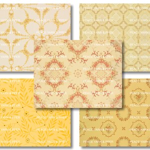 May include: A digital collage of nine vintage wallpaper patterns in shades of yellow, orange, and brown. The patterns feature floral, geometric, and paisley designs.
