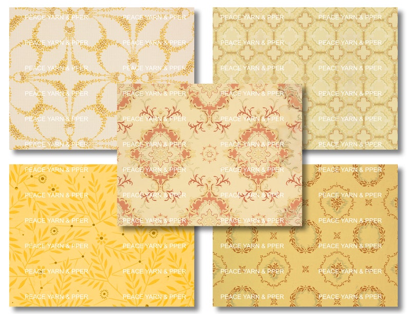 May include: A digital collage of nine vintage wallpaper patterns in shades of yellow, orange, and brown. The patterns feature floral, geometric, and paisley designs.