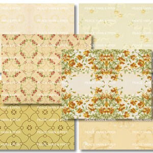 May include: A digital collage of ten different vintage floral patterns in shades of yellow, cream, and red. The patterns feature repeating floral motifs, including roses, leaves, and swirls. The text "PEACE YARN & PPER" is repeated throughout the collage.