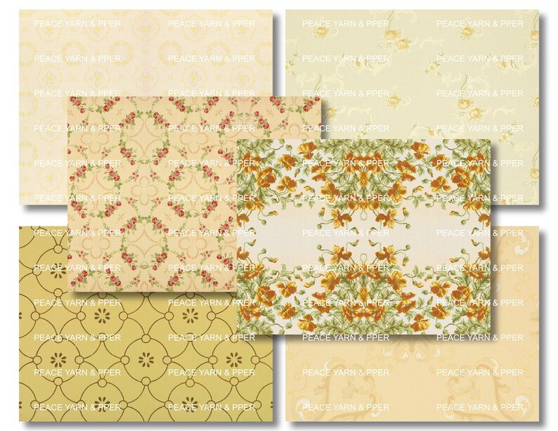 May include: A digital collage of ten different vintage floral patterns in shades of yellow, cream, and red. The patterns feature repeating floral motifs, including roses, leaves, and swirls. The text "PEACE YARN & PPER" is repeated throughout the collage.