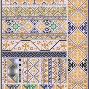 May include: A detailed cross-stitch pattern with geometric and floral motifs in gold, blue, green, and black. The design features borders and repeating patterns, creating a textured and intricate visual effect, suitable for textile crafts.