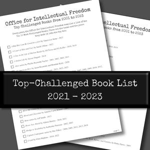 Può includere: Un'immagine in bianco e nero di un elenco dei libri più contestati dal 2001 al 2023. L'elenco è intitolato "Top-Challenged Book List 2021-2023". L'elenco include titoli come "Bless Me Ultima", "Blood and Chocolate", "Bone series", "Brave New World", "Bridge to Terabithia", "Captain Underpants series" e "Crank".