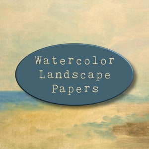 May include: A blue oval label with the text "Watercolor Landscape Papers" in white typewriter font against a background of a watercolor painting of a landscape.
