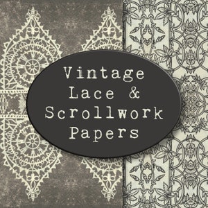 Puede incluir: Un collage digital con patrones de encaje y calados vintage en blanco y negro. El texto "Vintage Lace & Scrollwork Papers" se muestra en un óvalo negro.