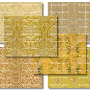 May include: A collage of ten different patterned fabric swatches in shades of yellow, gold, and brown. The patterns include floral, paisley, and geometric designs.