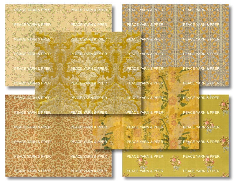 May include: A collage of ten different patterned fabric swatches in shades of yellow, gold, and brown. The patterns include floral, paisley, and geometric designs.