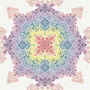 May include: A colorful cross-stitch pattern with a rainbow mandala design. The center of the mandala is red, surrounded by orange, yellow, green, blue, indigo, and violet.