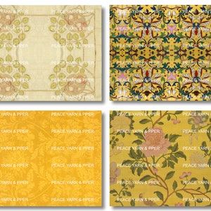 May include: A seamless pattern featuring a repeating design of stylized flowers and leaves in shades of yellow, green, pink, and red on a yellow background. The text "PEACE YARN & PPER" is repeated throughout the pattern.
