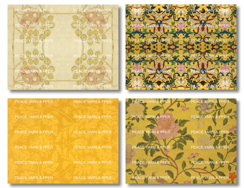 May include: A seamless pattern featuring a repeating design of stylized flowers and leaves in shades of yellow, green, pink, and red on a yellow background. The text "PEACE YARN & PPER" is repeated throughout the pattern.