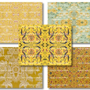 May include: A digital collage of nine different patterned fabric swatches. The swatches are all yellow with various floral and geometric designs. The text "PEACE YARN & PPER" is repeated throughout the image.