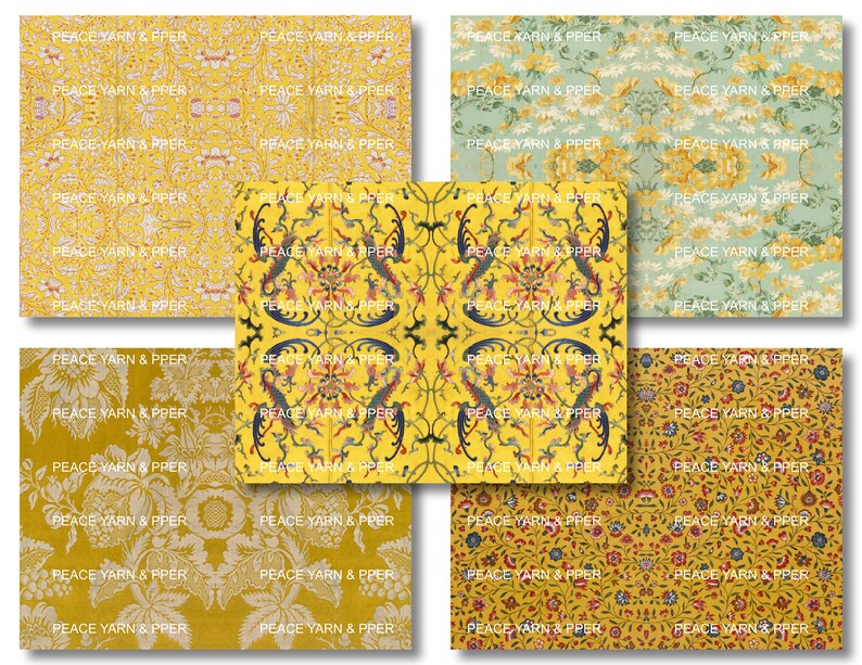 May include: A digital collage of nine different patterned fabric swatches. The swatches are all yellow with various floral and geometric designs. The text "PEACE YARN & PPER" is repeated throughout the image.