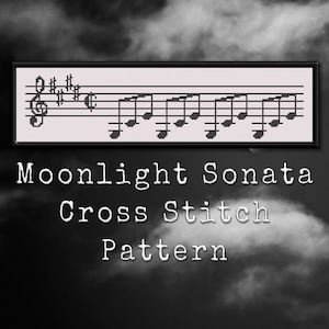 Puede incluir: Patrón de punto de cruz en blanco y negro de notas musicales con el texto "Moonlight Sonata Cross Stitch Pattern".