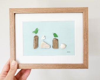 Andressâ - handgefertigtes Seeglasbild Beachlife mit Kreidefarbe in Mint - mit Treibholz, Muscheln und echtem Seeglas aus der Ostsee