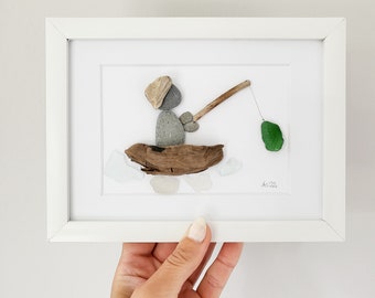 Andressâ - Seeglasbild Angler - with driftwood, stones and real sea glass from the Baltic Sea