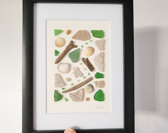 Andressâ - sea glass picture - collages - with real sea glass, driftwood and fossils from the Baltic Sea