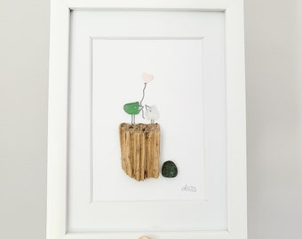 Andressâ - sea glass picture heart balloon - with driftwood and real sea glass from the Baltic Sea