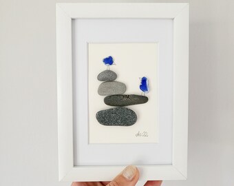 Andressâ - sea glass painting Blue Birds - with stones and real sea glass from the Baltic Sea