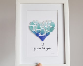 Andressâ - sea glass picture batik heart - with real sea glass from the Baltic Sea that has been dyed