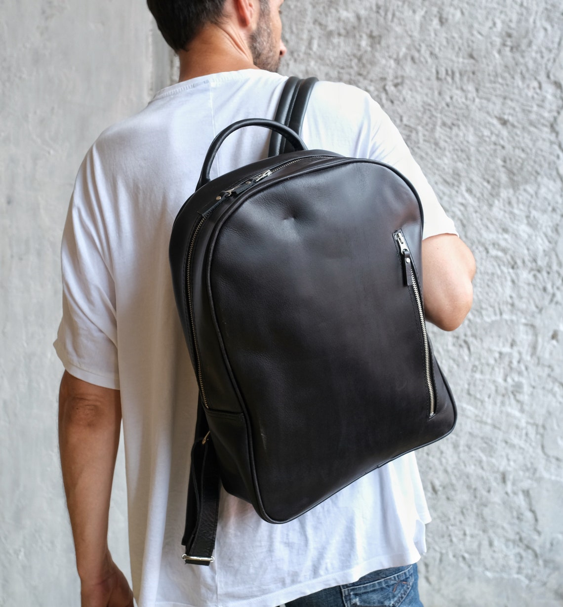 Black Leather Backpack Backpack men laptop Mens Backpack Etsy
