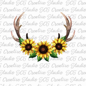 Watercolor antler digital design - sunflowers , digital design, sublimation design - instant download - png, tribe design - deer