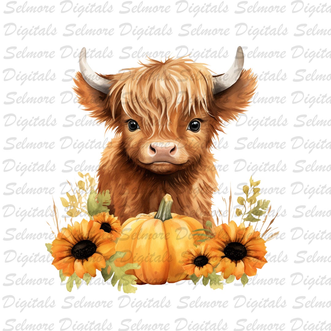 Highland Cow Watercolor Clipart Cute Fall Pumpkin Sunflower - Etsy