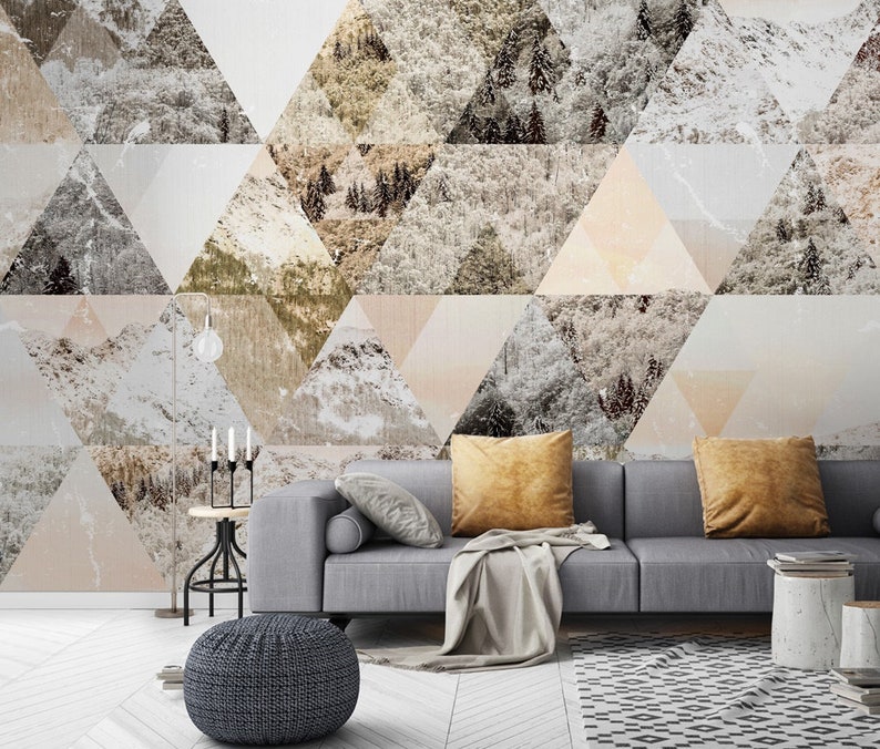 Geometric Wallpaper Forest Pattern Wall Mural Retro Trigon Wall Print Modern Home Decor Cafe Design Entryway