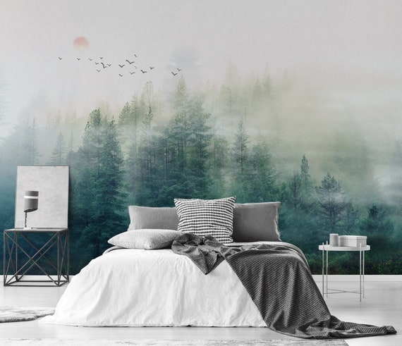 Forest Wallpaper Misty Jungle Wall Mural Sunrise Wall Print Rustic Home Decor Cafe Design Living Room Entryway