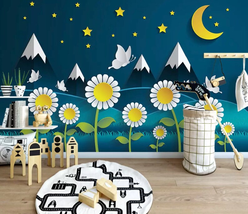 Kids Wallpaper Cartoon Nightscape Wall Mural For Child Daisy Wall Art Children Rooms Girls Boys Bedroom Nursery