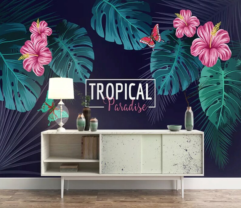 Tropical Floral Wallpaper Mirabilis Flower Wall Mural Palm Leaf Wall Art Tropical Home Decor Exotic Cafe Design Living Room Bedroom Wall Decals Murals Wall Decor Lifepharmafze Com