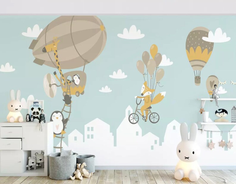Kids Wallpaper Big Air Balloon Wall Mural Kids Landscape Wallpaper Animals Wall Decor Nursery Wall Art Baby Room Wall Painting